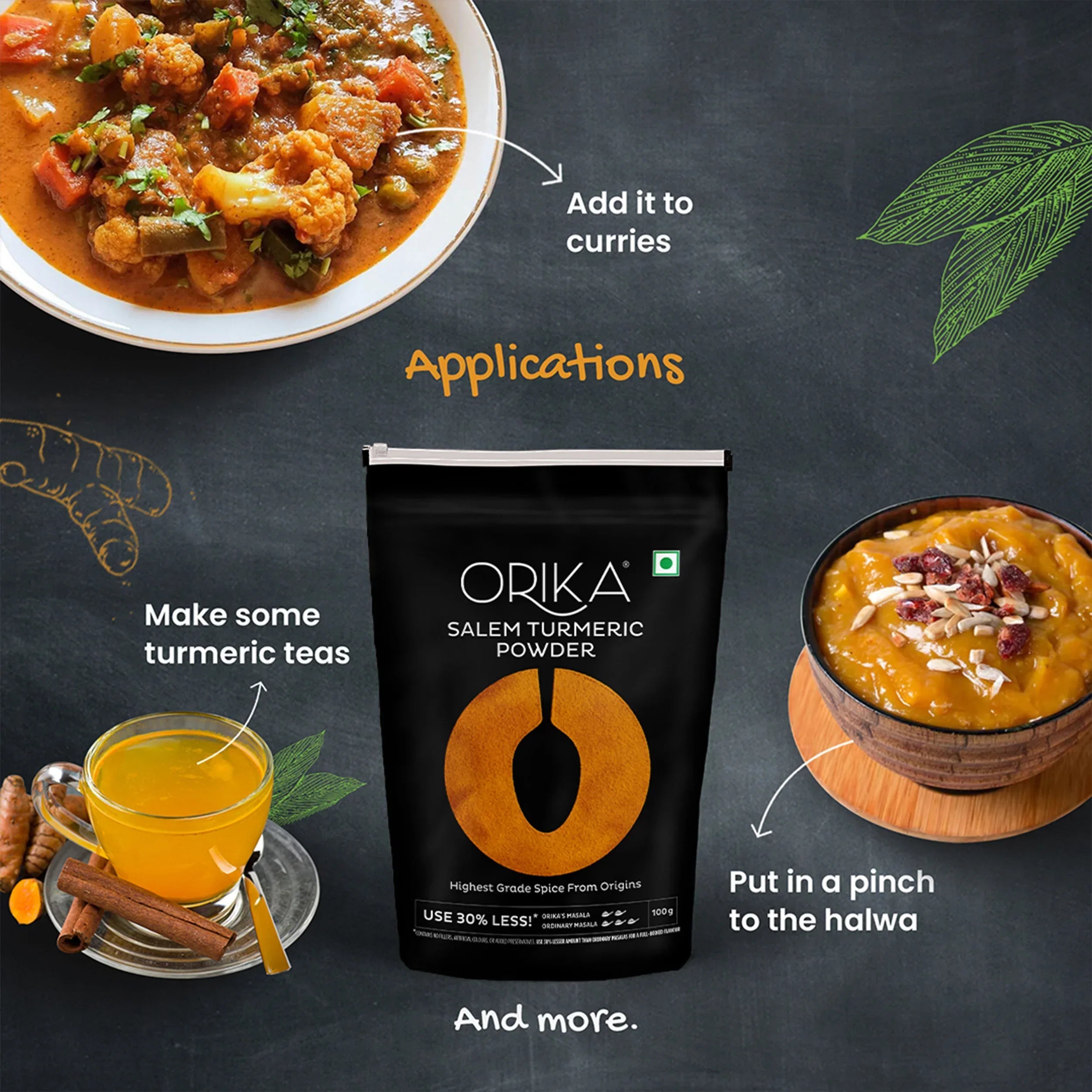 Orika Salem Turmeric, Hot Red Chilli Powder, Kashmiri Red Chilli Powder, Coriander Powder 100 Gm Each - Orika Spices India